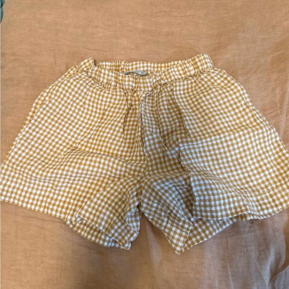 Everlane High Waist Gingham Shorts - Tan and White